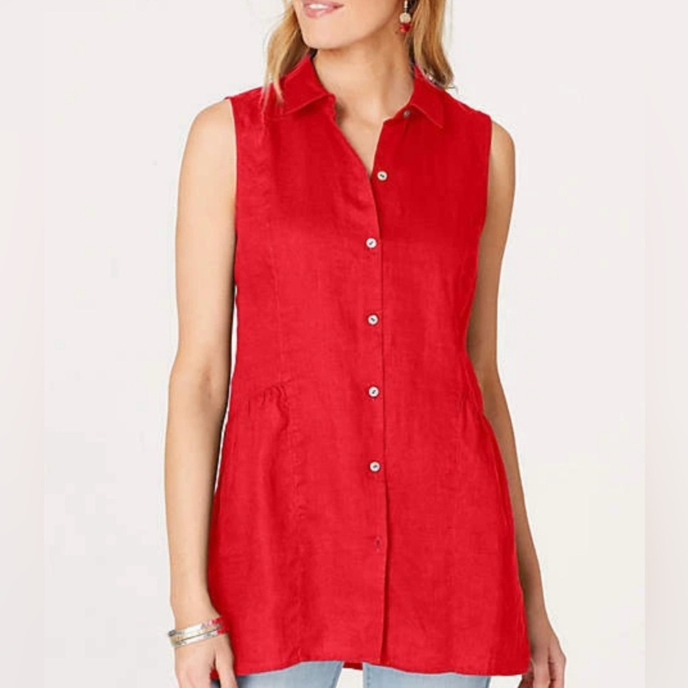 J. Jill Red Sleeveless Button Down Shirt